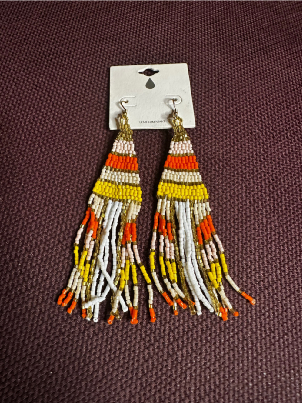 Orange, Yellow & White Beaded Fringe Earrings